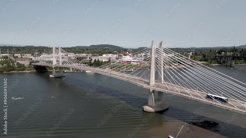 Panoramic view of Tilikum Crossing, Bridge of the People is a cable stayed bridge across the Willamette River in Portland, Oregon,