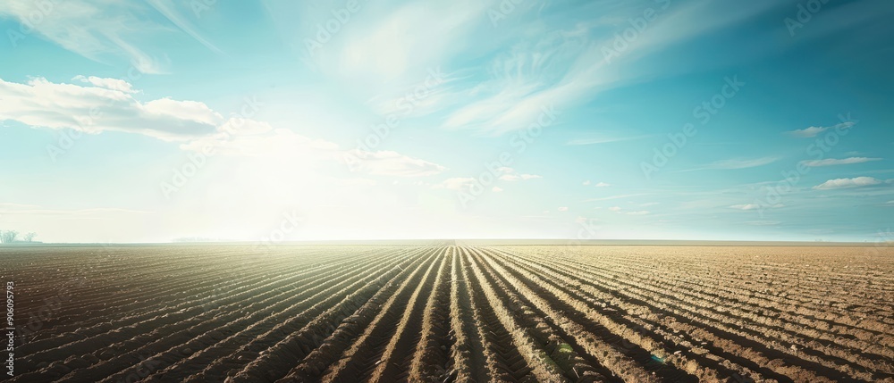 Naklejka premium Aerial view of a plowed field with rows of dirt under a bright blue sky.