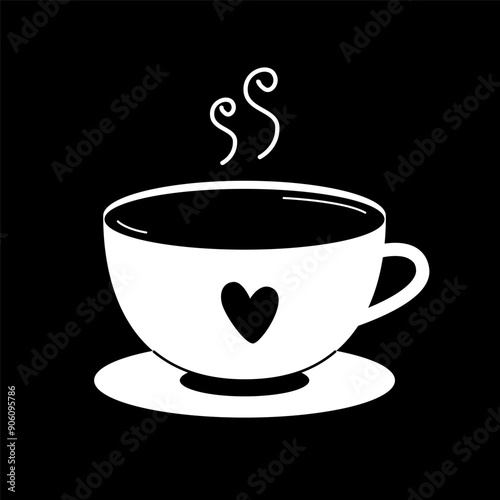 Cup of hot tea or coffee. Black and white vector illustration of dishes. Drawing of teacup with steam. Icon of mug with saucer.