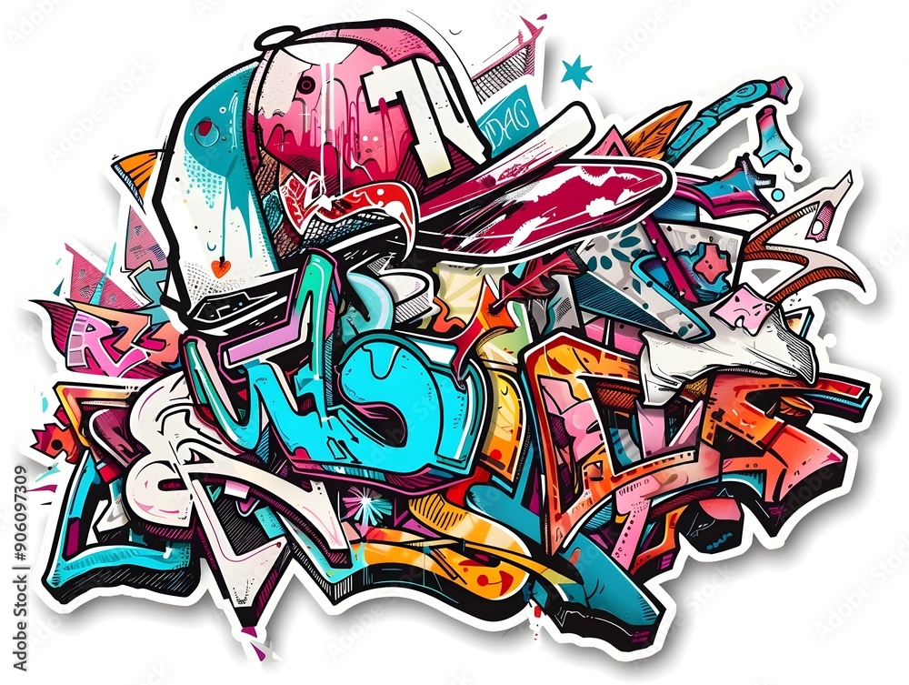 Obraz premium Stylish Streetwear Graffiti Sticker Design on White Background