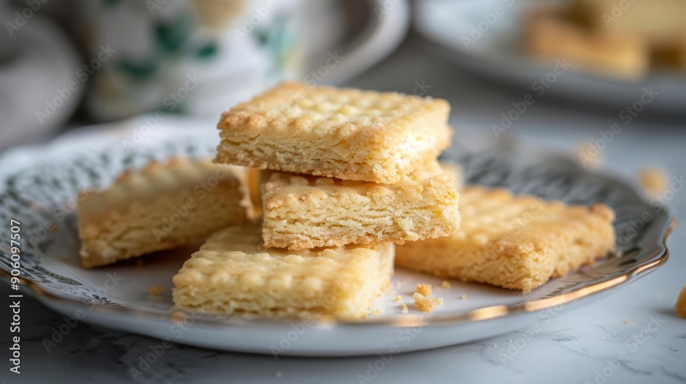 Close-up of a stack of homemade shortbread cookies on a plate. Close-up of a stack of homemade shortbread cookies on a plate.