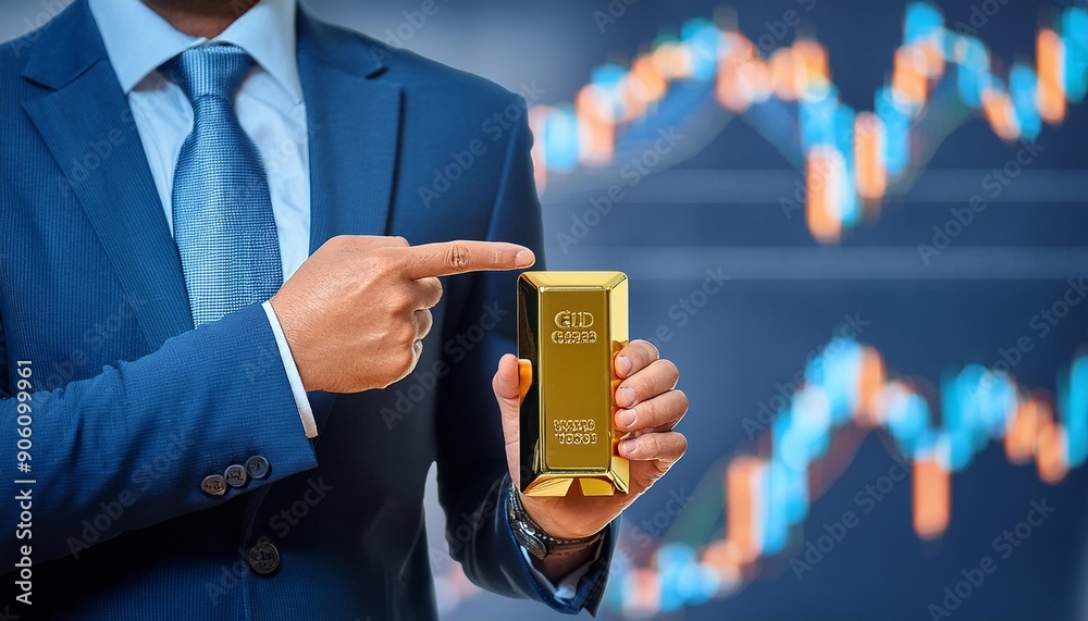 Close-up of a financial advisor’s hand pointing to a gold bar on a presentation, financial guidance, expert investment Close-up of a financial advisor’s hand pointing to a gold bar on a presentation, financial guidance, expert investment