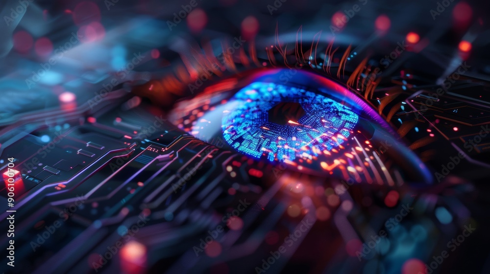 This abstract illustration features an iris scan, integrated with colorful digital waves and circuits. This abstract illustration features an iris scan, integrated with colorful digital waves and circuits.