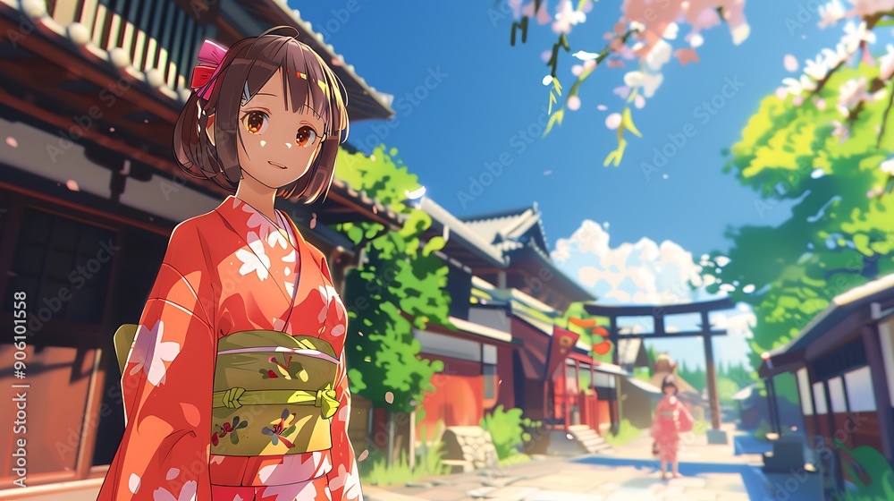 Fototapeta premium Anime Girl in Traditional Japanese Kimono Standing in Front of a Traditional Japanese Building.