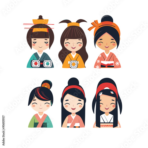 Six cartoon characters representing Asian culture, wearing traditional attire. Female characters smiling, adorned cultural hairstyles accessories. Different expressions costumes suggest diverse