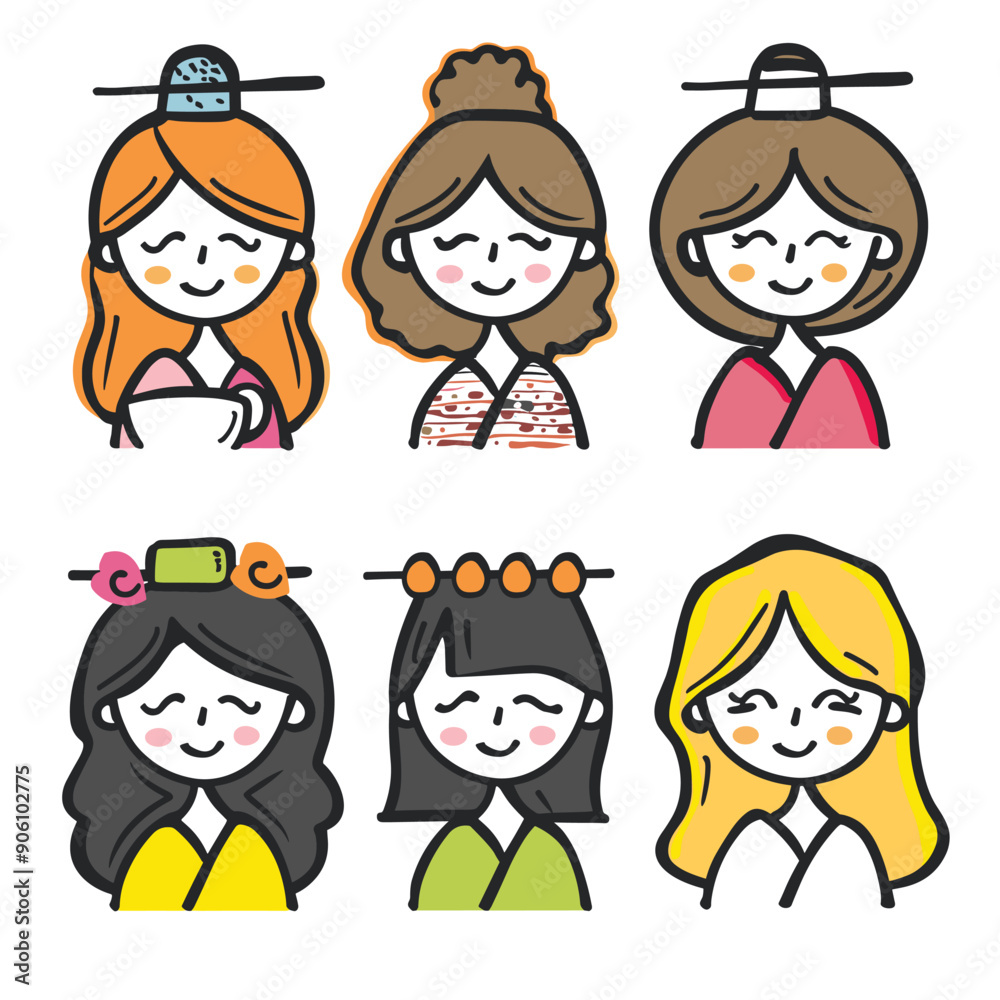 Six cartoon women different hairstyles, smiling faces, outlined. Characters diverse hair accessories, Asian style, happy expressions. Cute feminine avatars, traditional modern fusion, joyful mood Six cartoon women different hairstyles, smiling faces, outlined. Characters diverse hair accessories, Asian style, happy expressions. Cute feminine avatars, traditional modern fusion, joyful mood