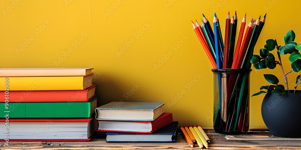 Colorful Pencils and Books on Wooden Desk Against Yellow Background, Vibrant Study Space: Pencils and Books on Yellow Backdrop Colorful Pencils and Books on Wooden Desk Against Yellow Background, Vibrant Study Space: Pencils and Books on Yellow Backdrop