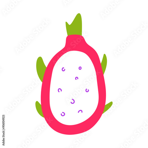 A cute pink dragon fruit slice on a white background.