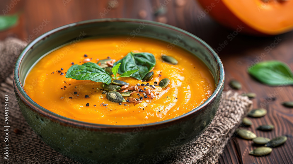 A bowl of soup with a spoon in it. The soup is orange and has a lot of seasoning A bowl of soup with a spoon in it. The soup is orange and has a lot of seasoning