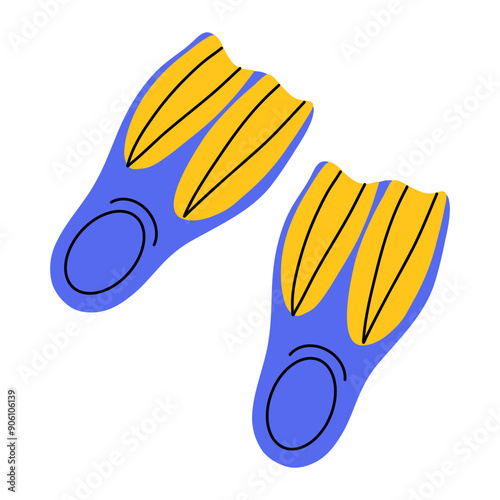 A cute pair of blue and yellow swim flippers on a white background. 