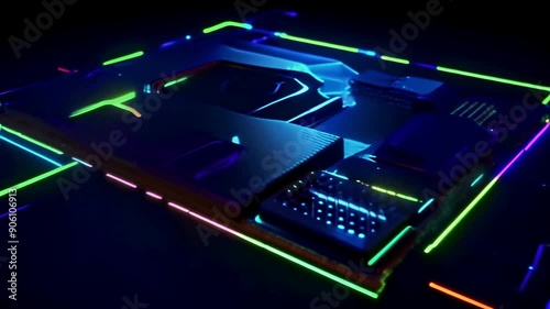 Neon lights race across a circuit board, creating a futuristic and high-tech visual.