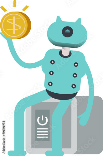 Robot Character Sitting on Safe and Holding Dollar Coin

