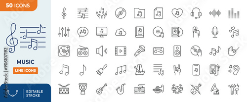 Music line editable icon set. Editable stroke. Vector illustration	