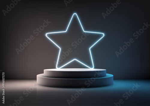 A minimalist podium illuminated by a vibrant neon star casts a soft glow in a dark background, perfect for product display, mockup, and showroom