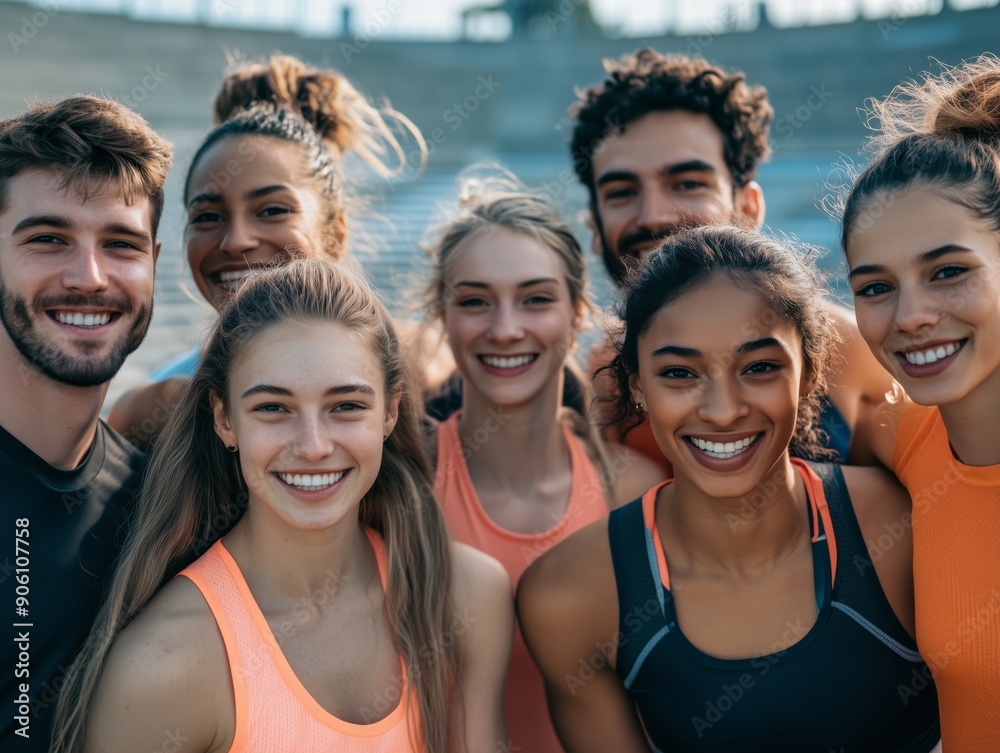 Group of Smiling Young Athletes from Various Ethnicities Standing Together in Stadium, Friendly Interaction and International Sport Spirit. Diverse Men and Women Looking at Camera with Warm Smiles Group of Smiling Young Athletes from Various Ethnicities Standing Together in Stadium, Friendly Interaction and International Sport Spirit. Diverse Men and Women Looking at Camera with Warm Smiles