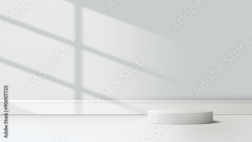 minimalist white podium with sunlight casting shadows against a white wall, perfect for product displays, mockups, and showrooms