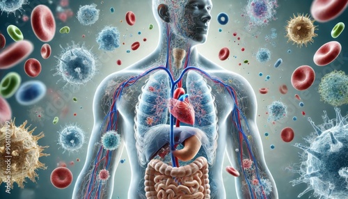 A detailed, realistic illustration of the human body with a transparent exterior, showcasing the immune system in action.  photo