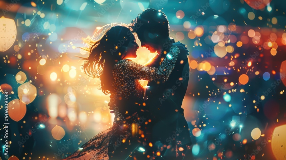 A couple dressed in matching stylish outfits, the woman in a shimmering cocktail dress and the man in a tailored suit, dancing in a glamorous nightclub A couple dressed in matching stylish outfits, the woman in a shimmering cocktail dress and the man in a tailored suit, dancing in a glamorous nightclub