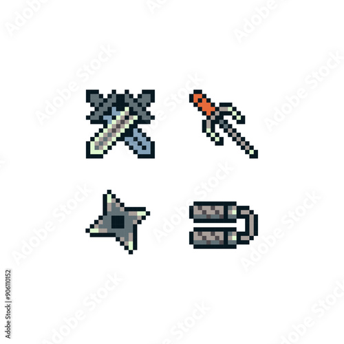 Ninja weapons flat pixel art icons set nunchaku sword sai katana shuriken japanese traditional cold steel arms isolated vector illustration. Design for sticker and logo. Game assets 8-bit sprite.