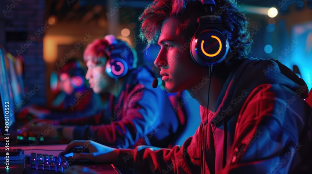 A digital gaming event with gamers wearing headphones, immersed in intense gameplay on their computers A digital gaming event with gamers wearing headphones, immersed in intense gameplay on their computers