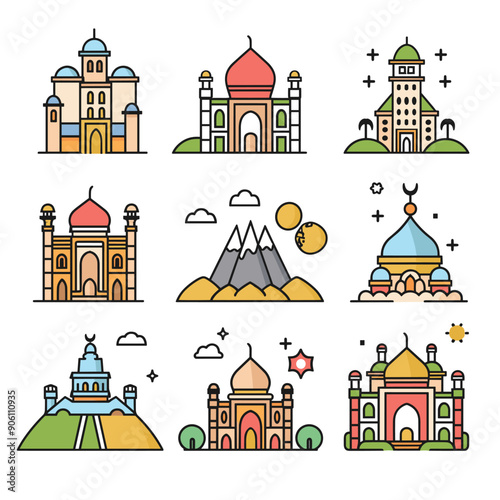 Colorful vector set depicting various religious landmark buildings, including mosques mountains. Illustrations detailed simple linework, set against clean background, ideal educational content about