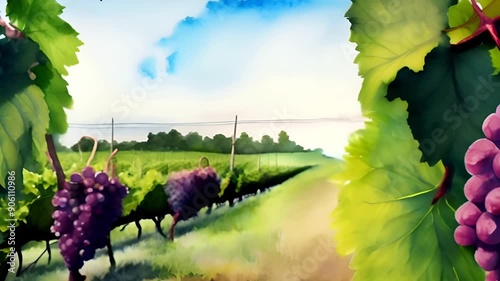 Watercolor-painted vineyards stretch across rolling hills, creating a serene and picturesque landscape.