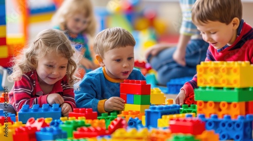 A group of children playing with colorful building blocks, creating imaginative structures together