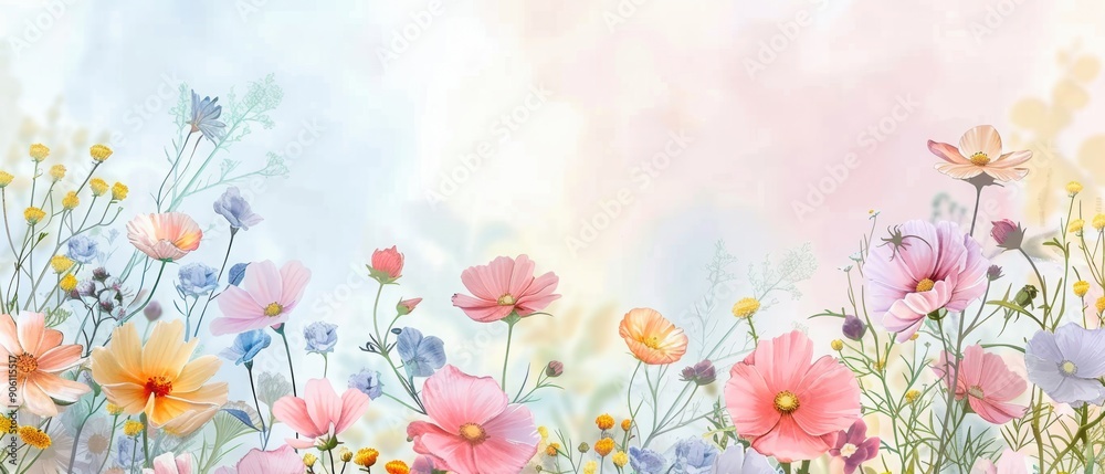 Colorful mix of wildflowers in soft pastels, framing a blank canvas, ideal for springtime greetings and messages Colorful mix of wildflowers in soft pastels, framing a blank canvas, ideal for springtime greetings and messages