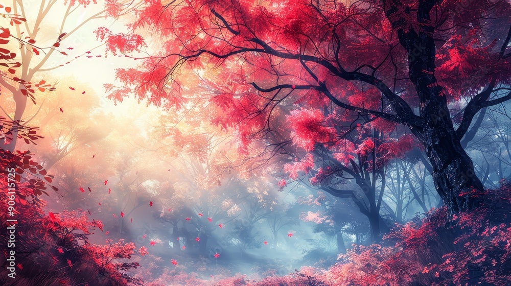 Mystical Autumn Forest with Sun Rays Mystical Autumn Forest with Sun Rays
