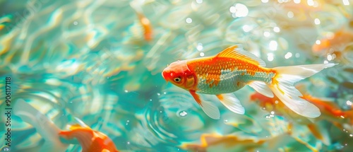 Goldfish in shades of orange and white gracefully moving in clear blue water, with sunlight filtering through, creating a gentle ambiance