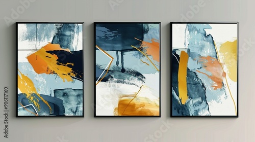 Abstract Triptych Wall Art with Blue, Yellow, and Orange Hues photo