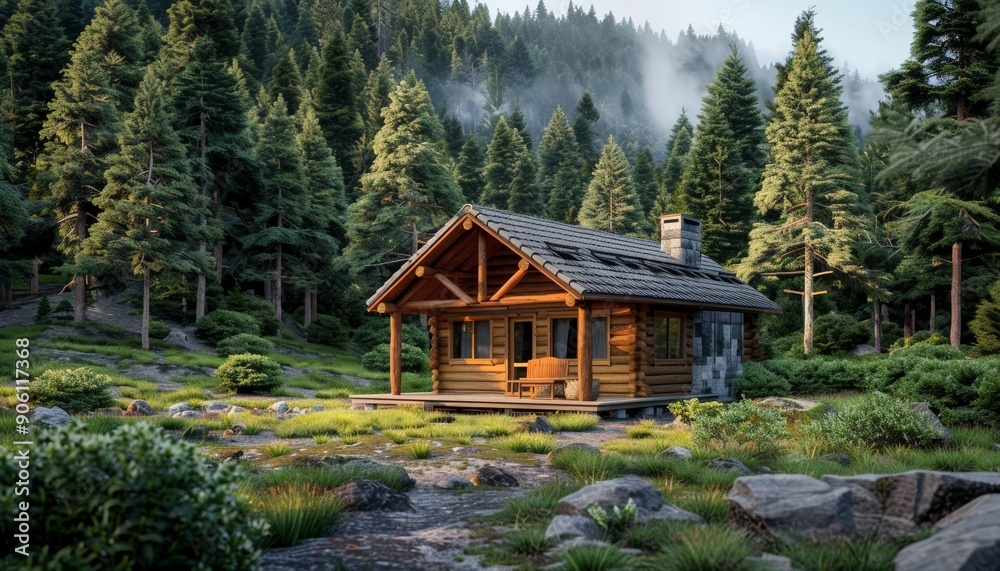 Secluded Rustic Wooden Cabin Nestled Among Pines and Shrubs in Tranquil Landscape, Peaceful and Cozy, Ecolodge, Copy Space Secluded Rustic Wooden Cabin Nestled Among Pines and Shrubs in Tranquil Landscape, Peaceful and Cozy, Ecolodge, Copy Space