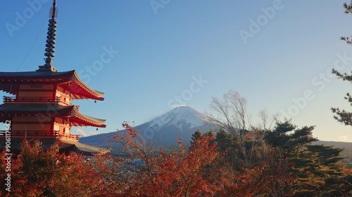 Mount Fuji view at Chureito Pagoda in Autumn season, Mt Fujisan in Arakurayama Sengen Park, Yamanashi, Japan. Landmark for tourists attraction. Japan Travel, Destination, Vacation and Mount Fuji Day photo