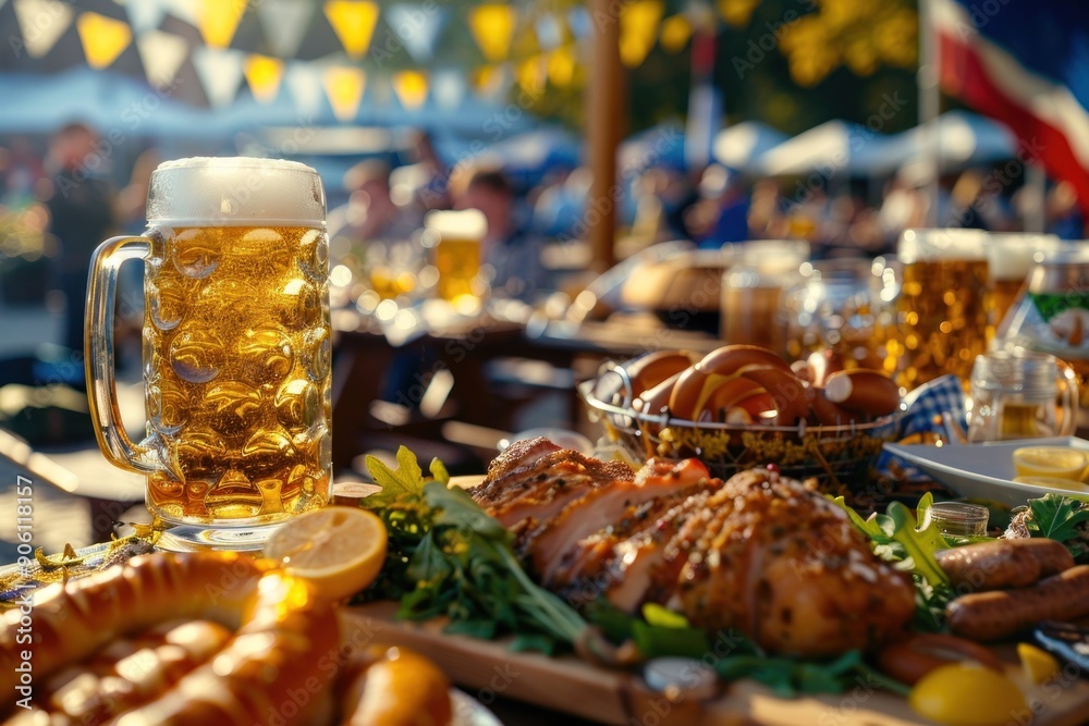 A Festive Table Spread with Beer, Pretzels, and Roasted Meat A Festive Table Spread with Beer, Pretzels, and Roasted Meat