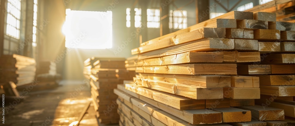Neatly stacked wooden planks in a warehouse, with sunlight filtering through high windows, casting a golden glow and emphasizing the synergy between nature and industry Neatly stacked wooden planks in a warehouse, with sunlight filtering through high windows, casting a golden glow and emphasizing the synergy between nature and industry