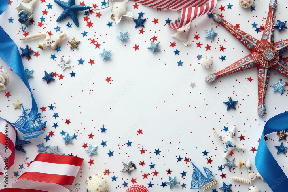 Obraz premium Red, White, and Blue Nautical Star Decorations on White Background
