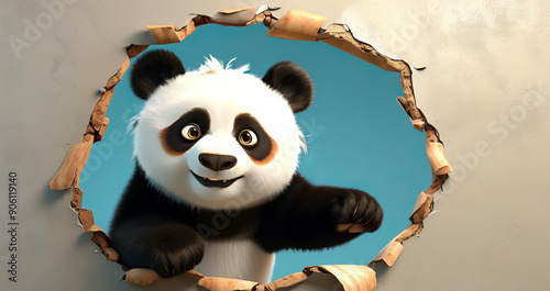 Cute Cartoon panda Breaking Through a Wall