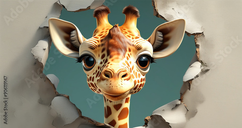 Cute Cartoon Giraffe Breaking Through a Wall