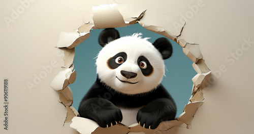 Cute Cartoon panda Breaking Through a Wall