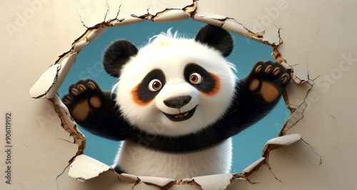 Cute Cartoon panda Breaking Through a Wall