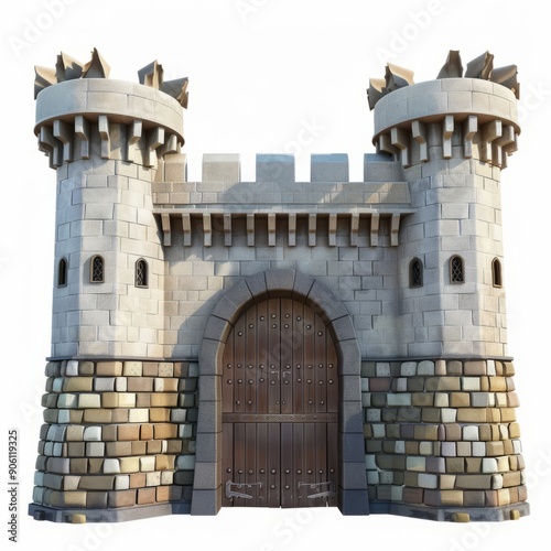 3D Render, Low Poly style of a fortified medieval city gate, on isolated white background, Generative AI