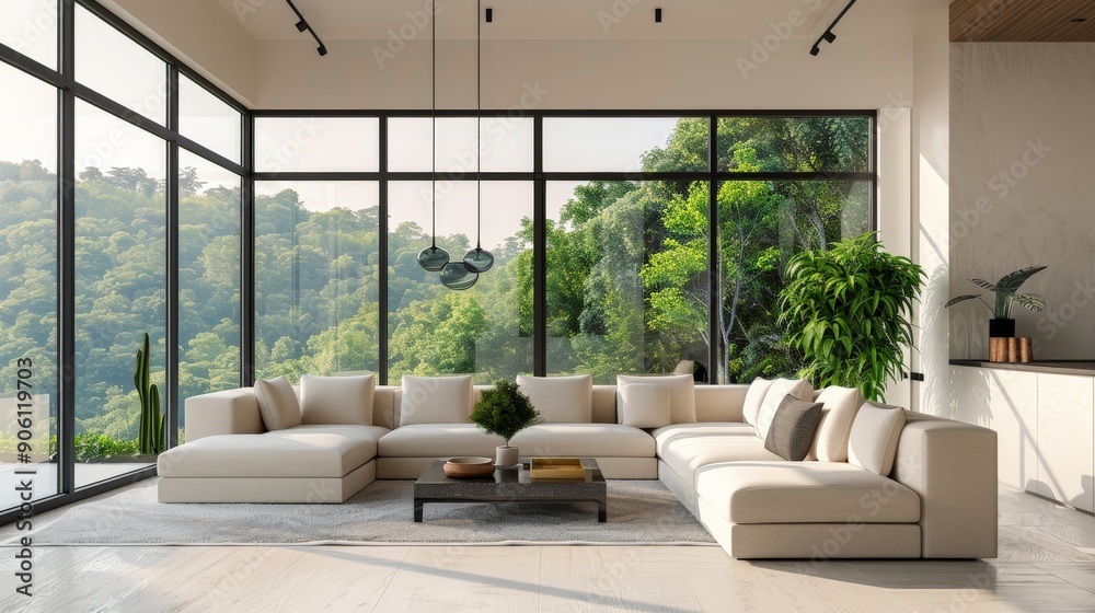 Modern living room with minimalist decor and large floor-to-ceiling windows Modern living room with minimalist decor and large floor-to-ceiling windows