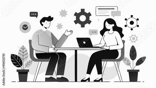  Two people sitting at a table and having a discussion about their profitable business, silhouette black vector illustration