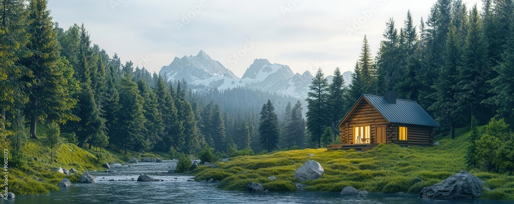 Fototapeta premium Isolated cabin in the heart of an untouched evergreen forest, solitude, peaceful retreat