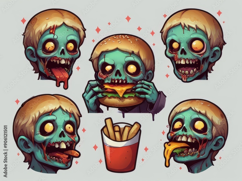 Emojis of Gothic zombies enjoying a burger
