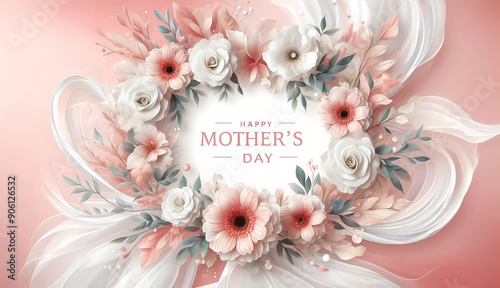Mothers Day. Postcard in white and pink tones. Inscription Mother's Day. Banner.  AI created