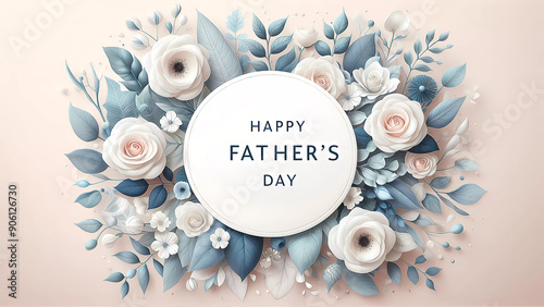 Father's Day. Congratulations card with flowers. White-blue tone. Inscription Happy Father's Day. AI frame created