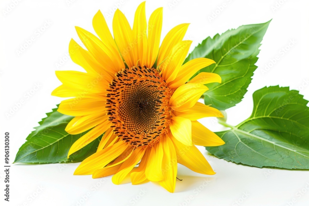 Close-up of a vibrant yellow sunflower with green leaves on a white background, highlighting the natural beauty and simplicity. Close-up of a vibrant yellow sunflower with green leaves on a white background, highlighting the natural beauty and simplicity.