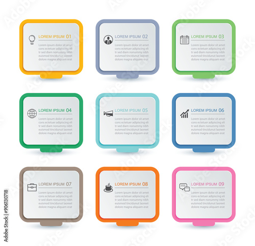 9 data infographics square layout paper template. Illustration business abstract background.