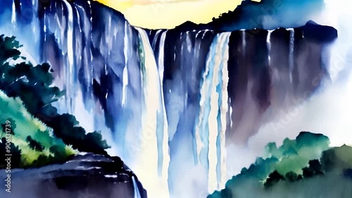 A watercolor animation of a grand waterfall in a verdant forest, with water flowing gracefully amidst dense foliage.